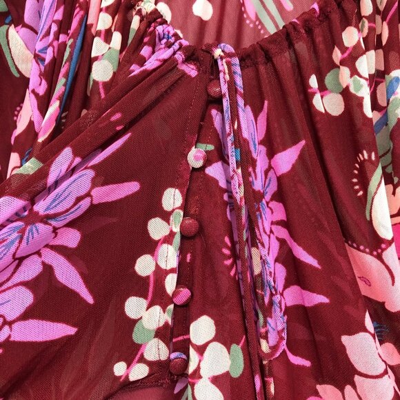 Free People Red Floral Piece Of Paradise Blouse Bell Sleeve Tie Front Crop Top S - Picture 13 of 16